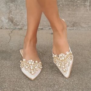 Flora Ivory Satin Pearl Embroidered Pointed-Toe Flats